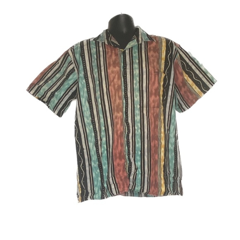 Expressions Worldwide Striped Print Button Up Shirt (Size: Medium, Color: Multi)